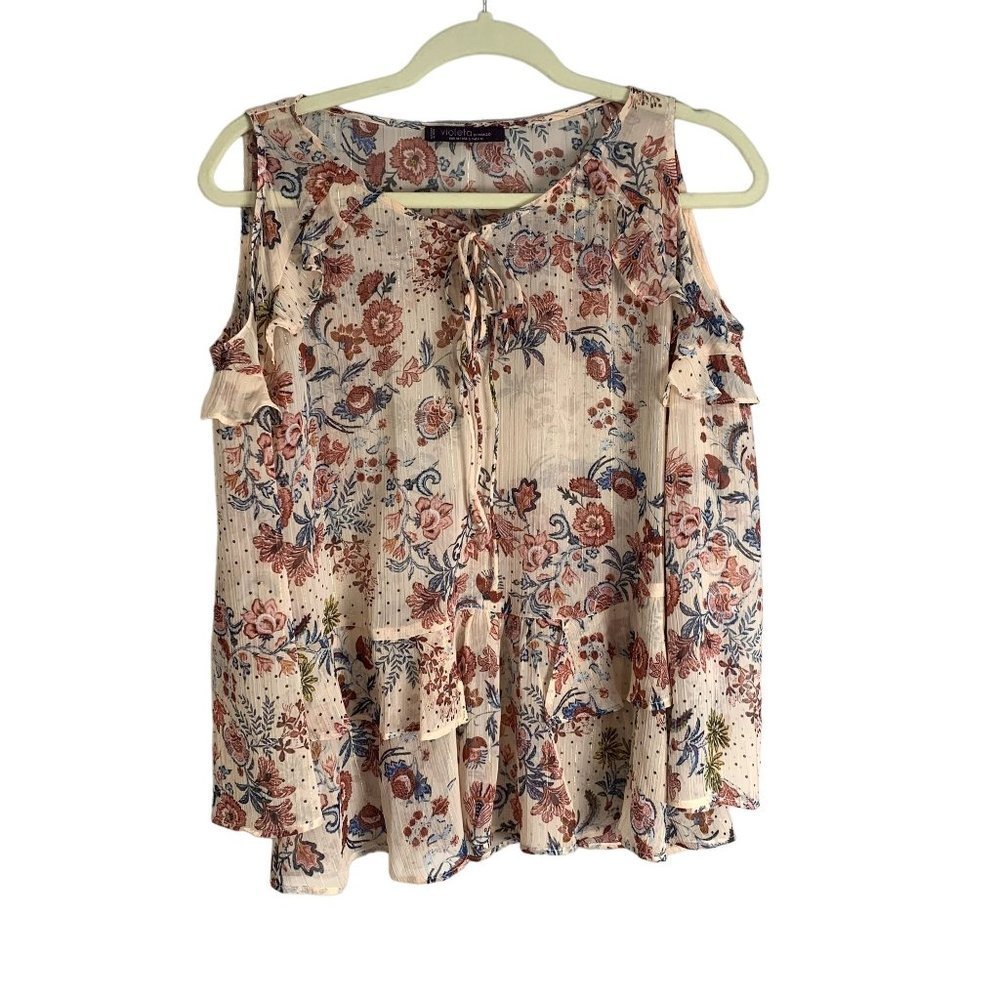 Mango Violeta MNG Womens Light‎ Pink Floral Sheer Bell Sleeve Boho Blouse Size S